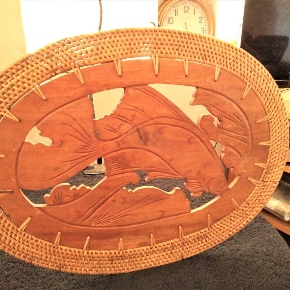 Carved wood fish in stream table map slash wall hanger